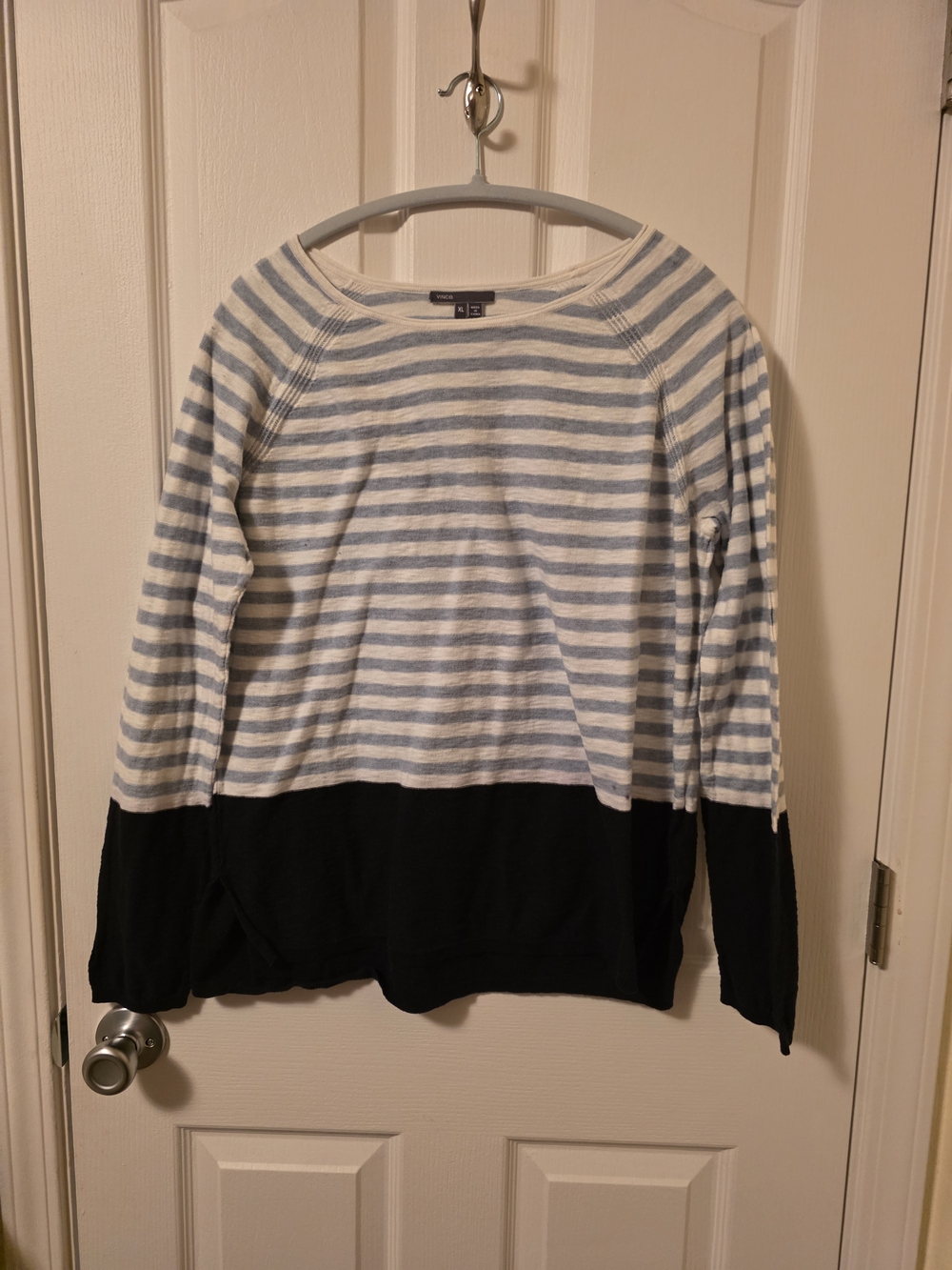 Vince Light Blue & White Striped Crewneck with Navy Hem
